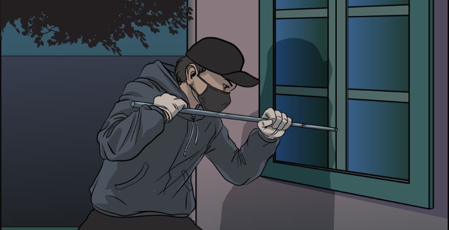 Illustration of burglar forcing entry through a window in Montgomery